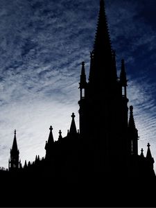 Превью обои башня, здание, силуэт, сумерки, темный