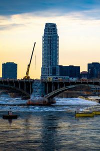 Превью обои башня, здание, строительство, мост, река