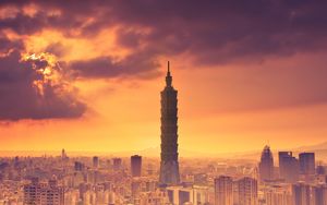 Превью обои башня, здание, тайбэй, тайвань, кнр, небо, облака, лучи солнца
