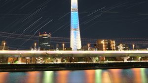 Превью обои башня, здания, архитектура, ночь, город, длинная выдержка