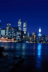 Превью обои башни-близнецы, нью-йорк, втц, небоскребы, река, мост, ночь, город, манхэттен, всемирный торговый центр