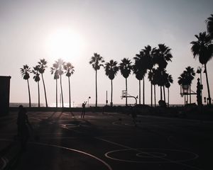 Превью обои баскетбол, площадка, темный, силуэты, пальмы, солнце