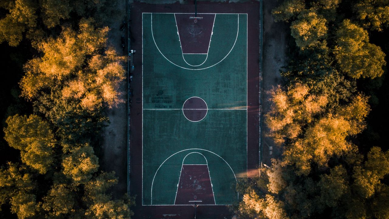 Обои баскетбольная площадка, деревья, вид сверху, баскетбол, площадка