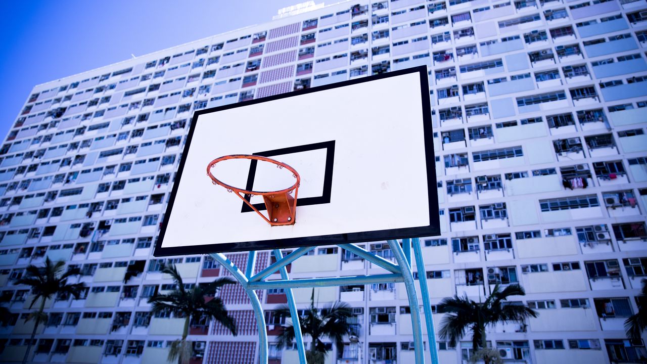 Обои баскетбольная сетка, здание, кольцо