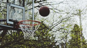 Превью обои баскетбольная стойка, мяч, баскетбол, деревья, спорт