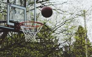 Превью обои баскетбольная стойка, мяч, баскетбол, деревья, спорт