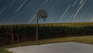 Превью обои баскетбольная стойка, сетка, баскетбол, спорт, поле, метеоритный дождь