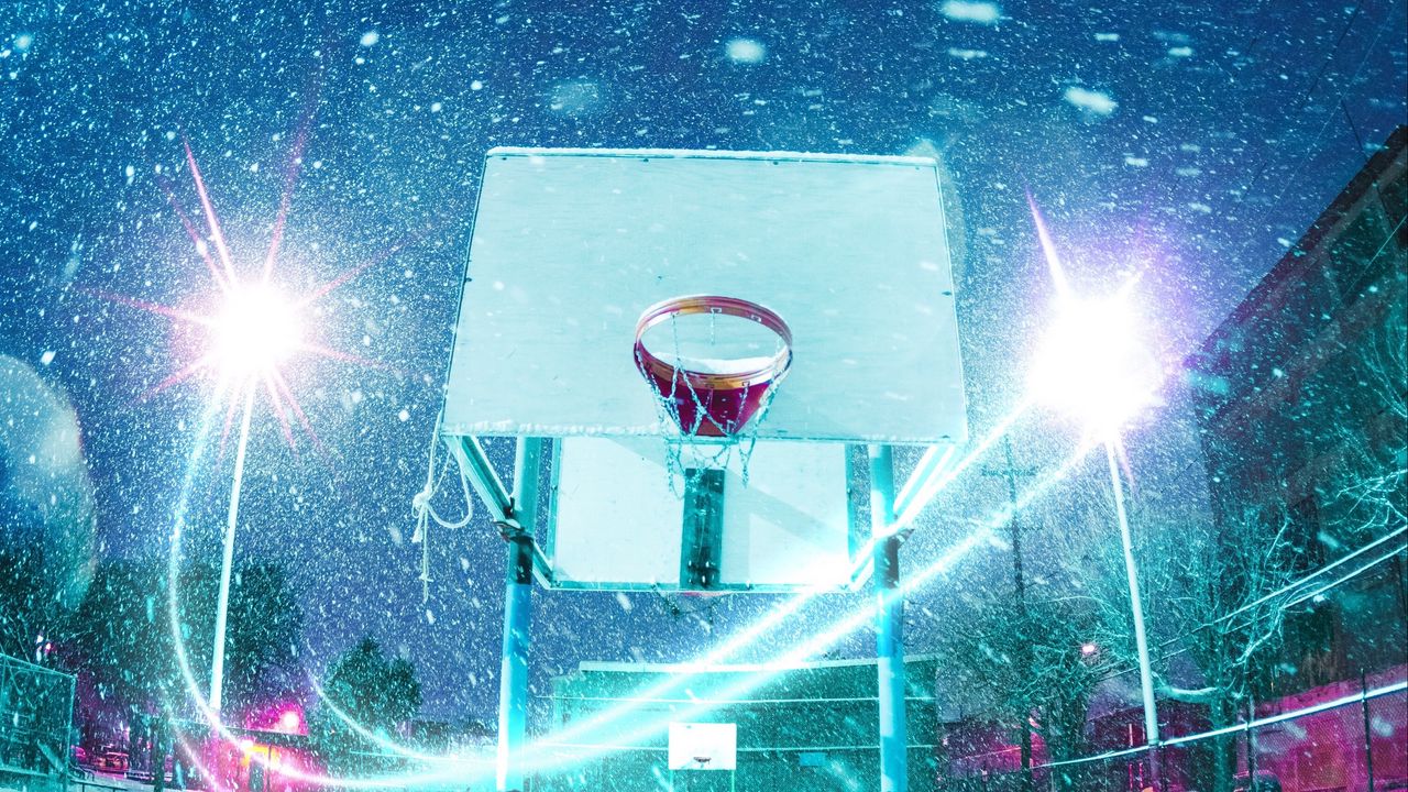 Обои баскетбольное кольцо, баскетбол, площадка, снег, свет