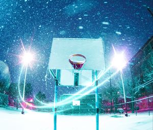 Превью обои баскетбольное кольцо, баскетбол, площадка, снег, свет