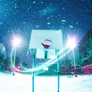 Превью обои баскетбольное кольцо, баскетбол, площадка, снег, свет
