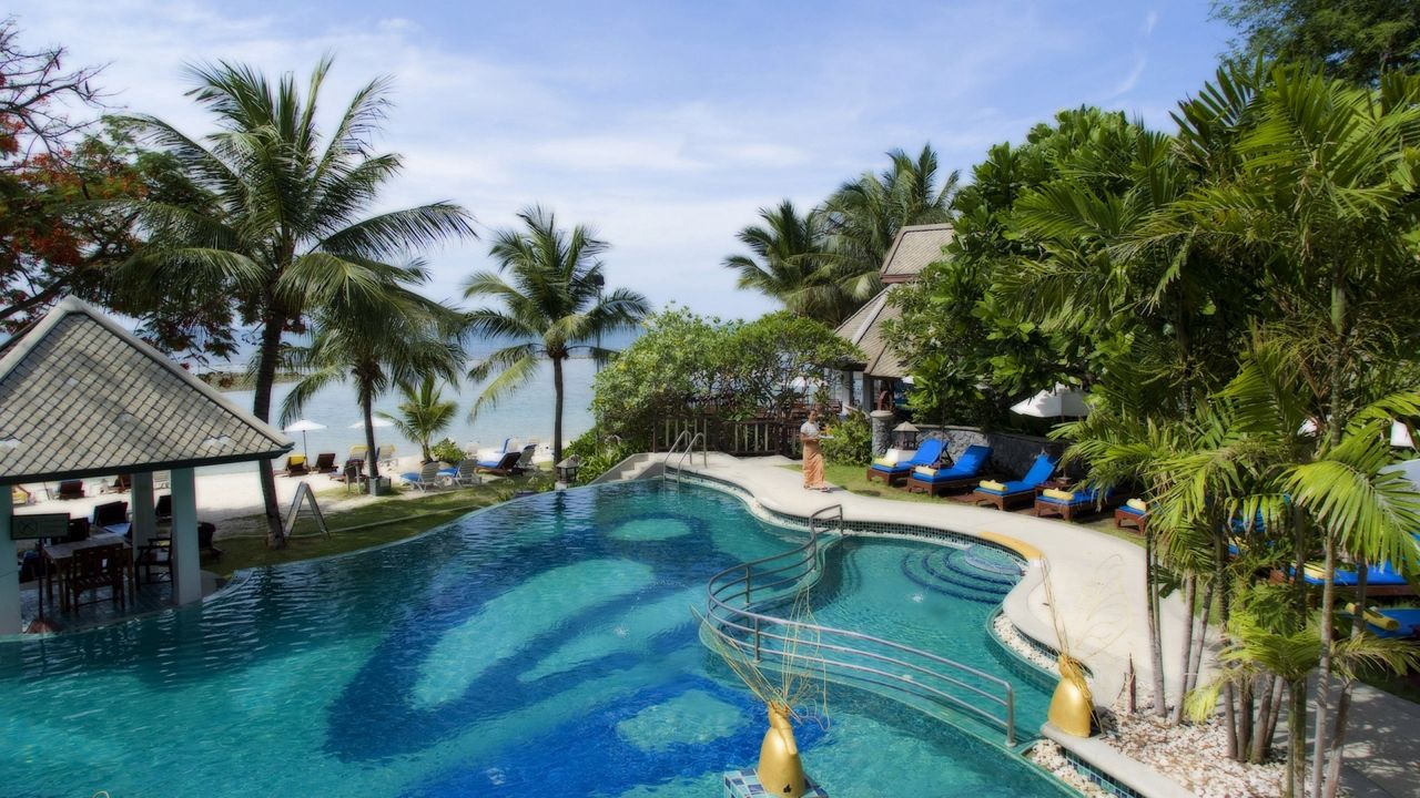 Обои бассейн, пальмы, курорт, дизайн, вилла, отдых, тропики
