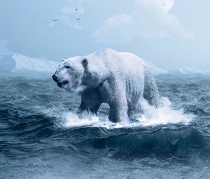 Превью обои белый медведь, полярный медведь, океан, фотошоп, волны