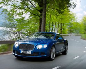 Превью обои bentley, continental, gt, синий, вид сбоку, скорость