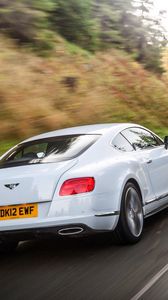 Превью обои bentley, continental, gt, белый, авто, движение, вид сзади