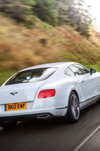 Превью обои bentley, continental, gt, белый, авто, движение, вид сзади