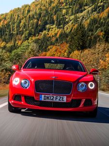 Превью обои bentley, continental, gt, красный, вид спереди, движение, скорость, дорога