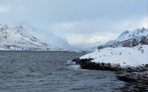 Превью обои берег, горы, снег, вода, пейзаж