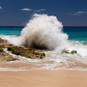 Превью обои берег, море, брызги, волна, природа