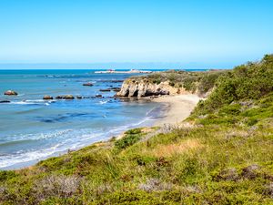 Превью обои берег, море, камни, трава, пейзаж