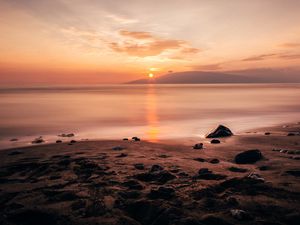 Превью обои берег, море, солнце, закат, пейзаж