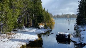 Превью обои берег, снег, река, деревья, природа