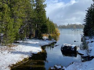 Превью обои берег, снег, река, деревья, природа