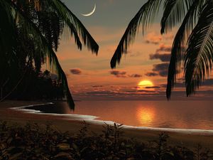 Превью обои берег, утро, солнце, рассвет, луна, небо, пляж, пальмы