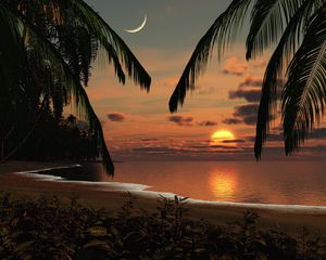 Превью обои берег, утро, солнце, рассвет, луна, небо, пляж, пальмы