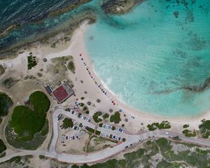 Превью обои берег, здания, остров, море, вид сверху