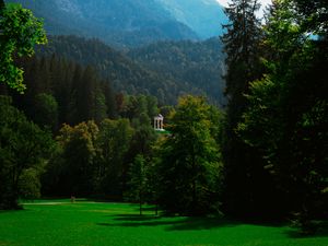 Превью обои беседка, деревья, трава, небо, горы, пейзаж, германия