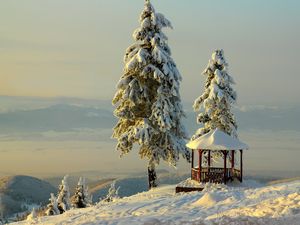 Превью обои беседка, зима, снег, горы, рельеф, деревья