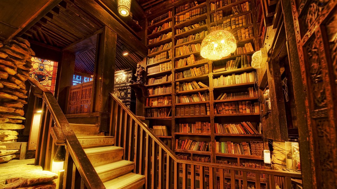 Обои библиотека, лестница, помещение, светлый, деревянный