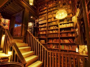 Превью обои библиотека, лестница, помещение, светлый, деревянный