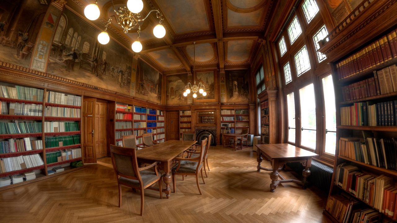 Обои библиотека, стиль, стол, книги, деревянный