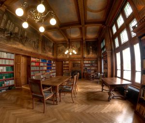 Превью обои библиотека, стиль, стол, книги, деревянный