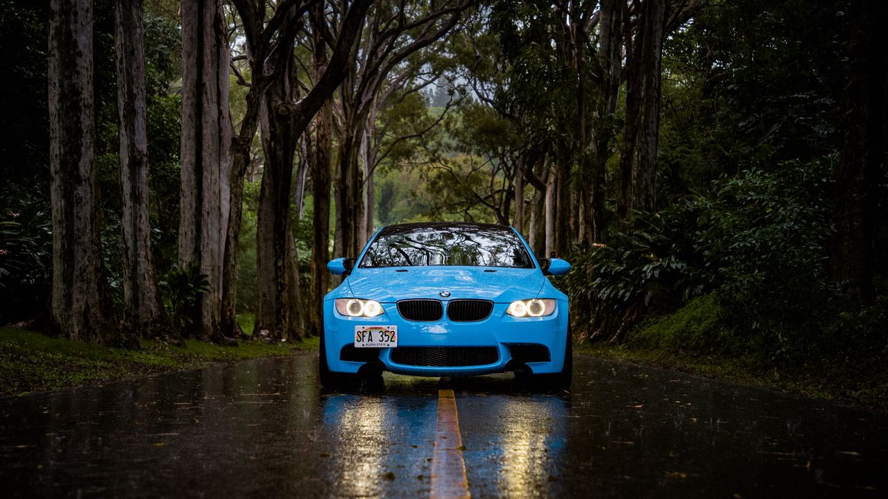 Обои bmw 5, bmw, вид спереди, автомобиль, голубой, лес, дорога, дождь