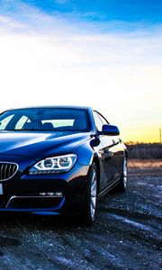 Превью обои bmw 6, bmw, автомобиль, вид спереди, закат
