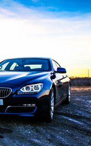 Превью обои bmw 6, bmw, автомобиль, вид спереди, закат