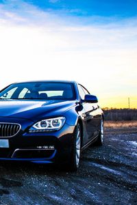 Превью обои bmw 6, bmw, автомобиль, вид спереди, закат