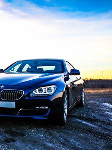 Превью обои bmw 6, bmw, автомобиль, вид спереди, закат