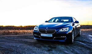 Превью обои bmw 6, bmw, автомобиль, вид спереди, закат