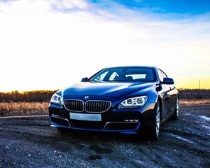 Превью обои bmw 6, bmw, автомобиль, вид спереди, закат