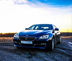 Превью обои bmw 6, bmw, автомобиль, вид спереди, закат