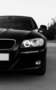 Превью обои bmw, автомобиль, черный, фара, вид спереди