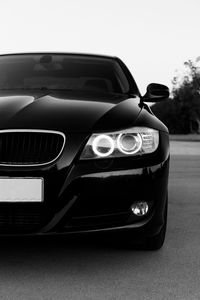 Превью обои bmw, автомобиль, черный, фара, вид спереди