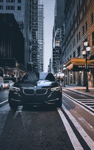 Превью обои bmw, автомобиль, черный, улица, город