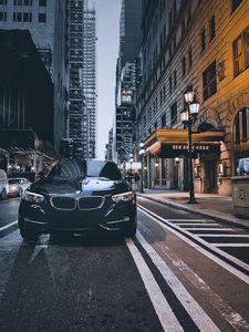 Превью обои bmw, автомобиль, черный, улица, город