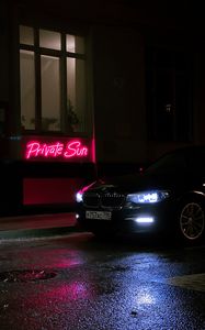 Превью обои bmw, автомобиль, черный, неон, дорога, ночь