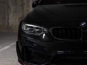 Превью обои bmw, автомобиль, черный, вид спереди, фара
