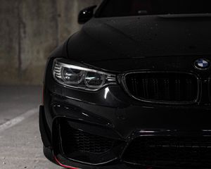 Превью обои bmw, автомобиль, черный, вид спереди, фара